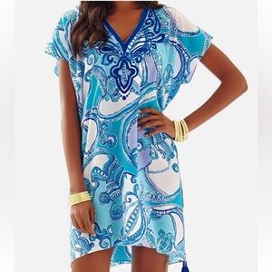 Lilly Pulitzer Test The Water Silk Dress Caftan Coverup, Beaded, Tassels, S/M